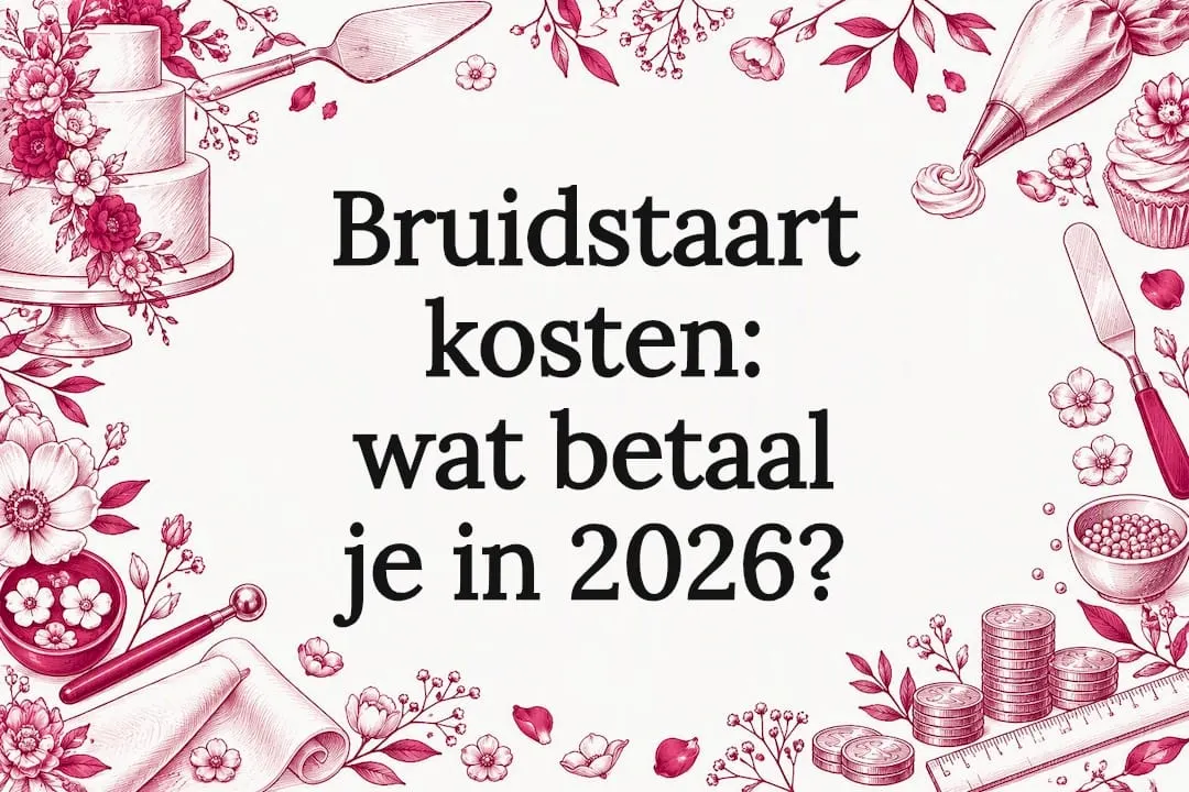 Decoratieve titelkaart met illustraties van een bruidstaart